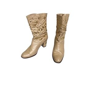 Vintage Fantasy Collection Studded Leather Slouch Boots Beige‎ Gold Embellished